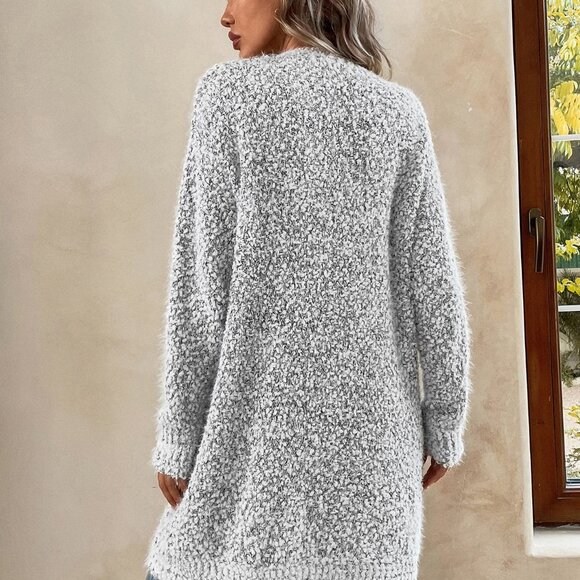 Light Grey Casual Women's Double Pocket Drop Shoulder Popcorn Knit Duster Cardig - Picture 4 of 7